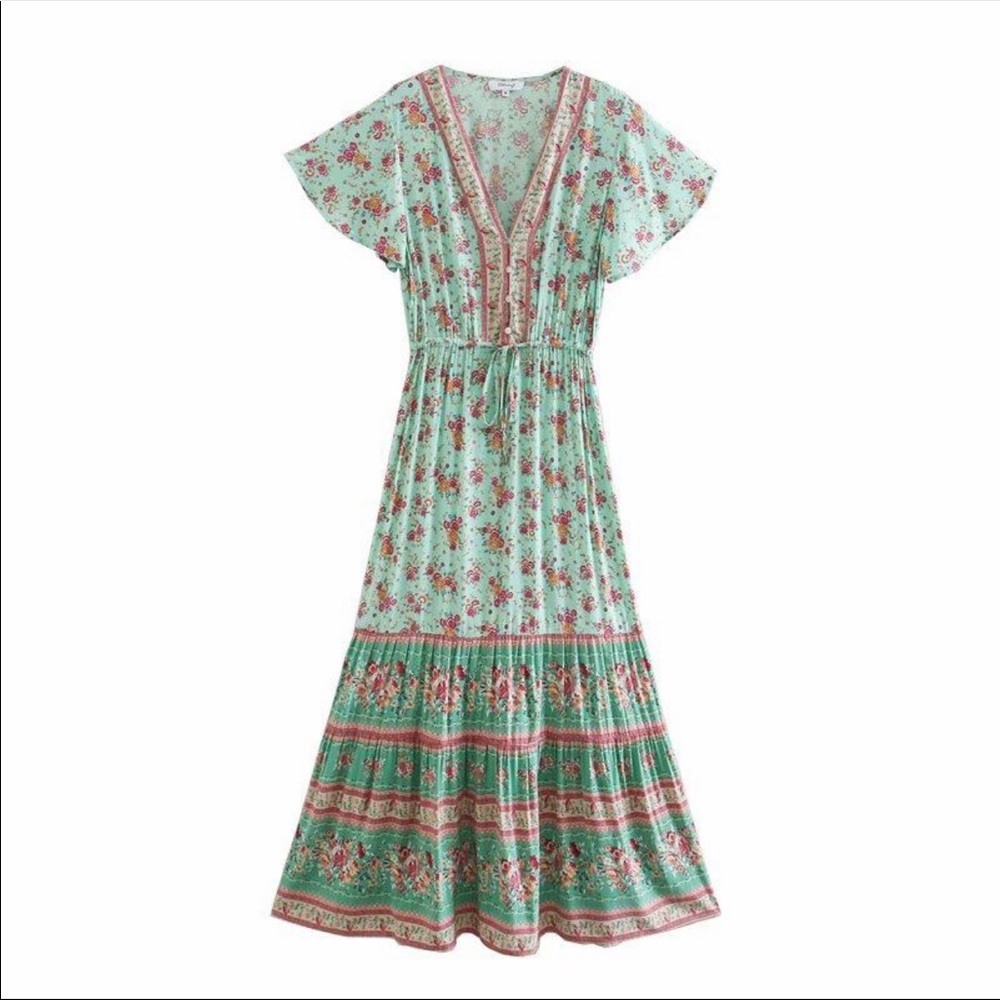 Boho gypsy maxi dress mint green paisley floral - Picture 3 of 7